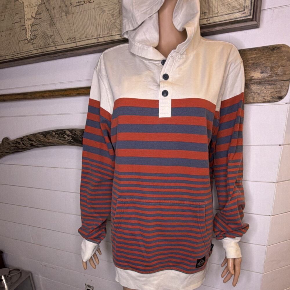 Vintage Quiksilver Men's Striped Henley Hooded Pullover Cream Red Blue Size L